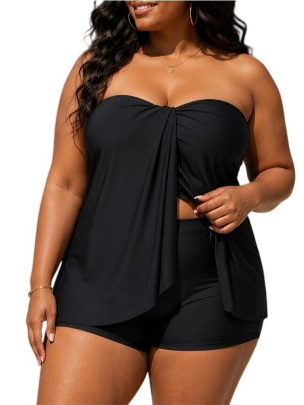 Daci Plus Size 18W Tankini Set 2-Piece Bandeau Black Swimsuit Removable Strap